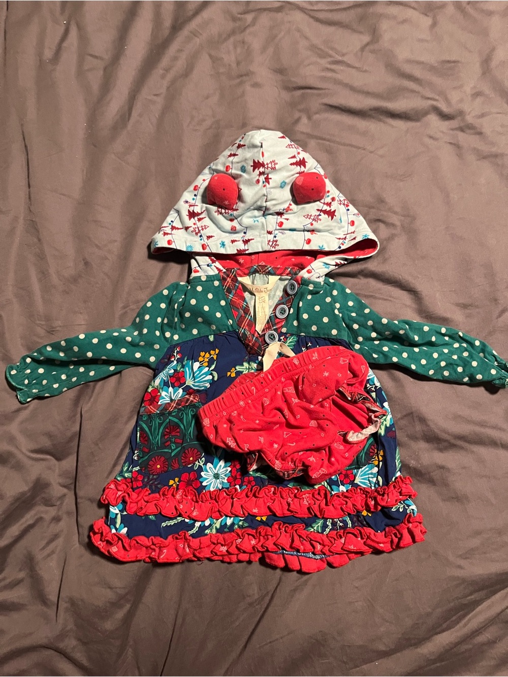 Matilda Jane Red & Green Floral Ruffle Hoodie Dress with Bloomers